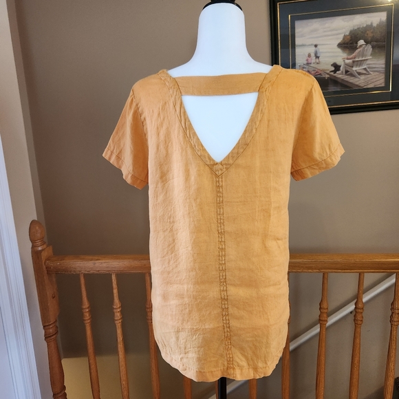 C&C California linen yellow orange short sleeve v-neck strappy tee blouse small - Picture 3 of 10